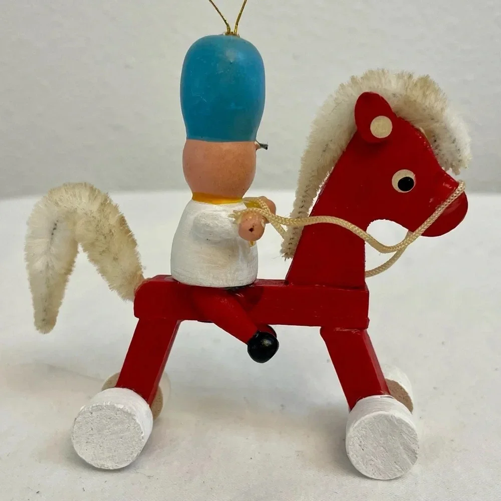 Vintage Russ Country Antique Ornaments Wooden Solider On Red Horse Style #BX2874